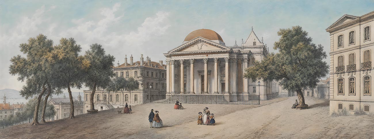 Illustration ancienne de la cathédrale Saint-Pierre et de son parvis dans la Vieille-Ville de Genève, inspirée d’une lithographie d’Isidore Laurent Deroy.